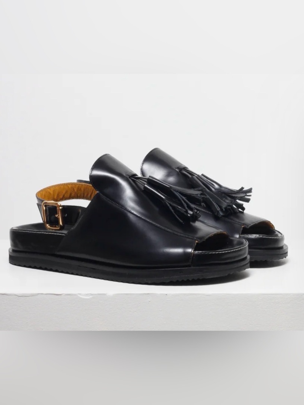 Black Leather Tassel Slingback Sandals